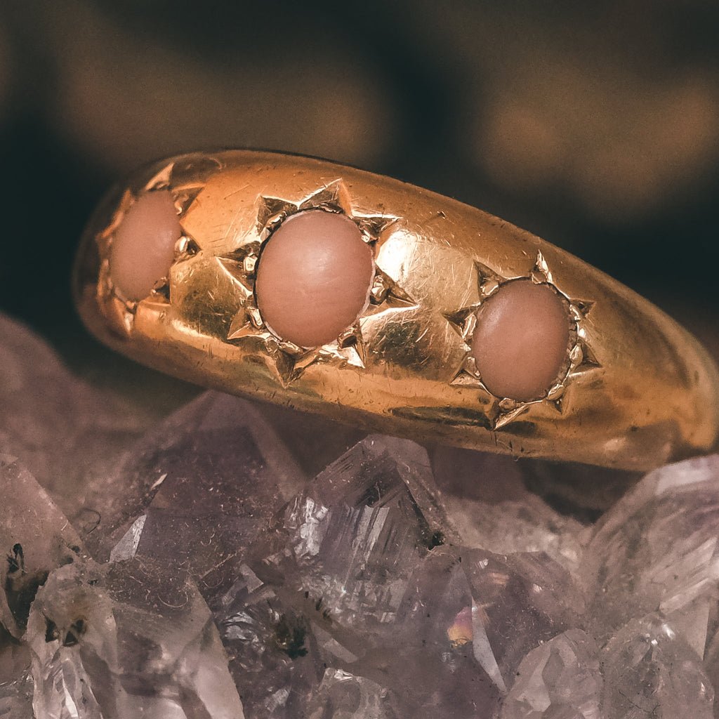 Victorian Coral Three-Stone "Gypsy" Ring - Lost Owl Jewelry