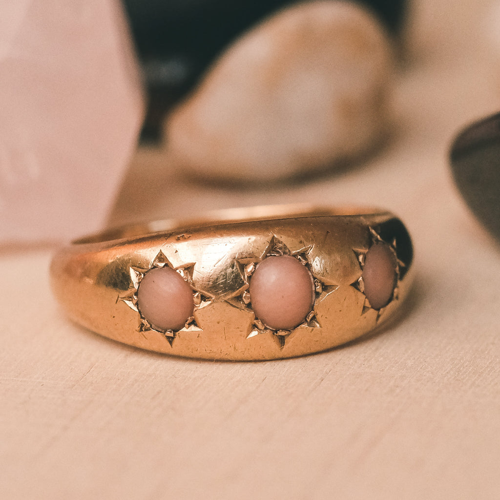 Victorian Coral Three-Stone "Gypsy" Ring - Lost Owl Jewelry