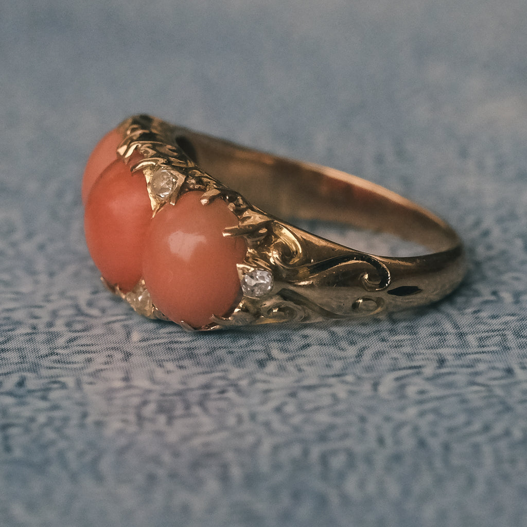 Victorian Coral Three-Stone Ring - Lost Owl Jewelry