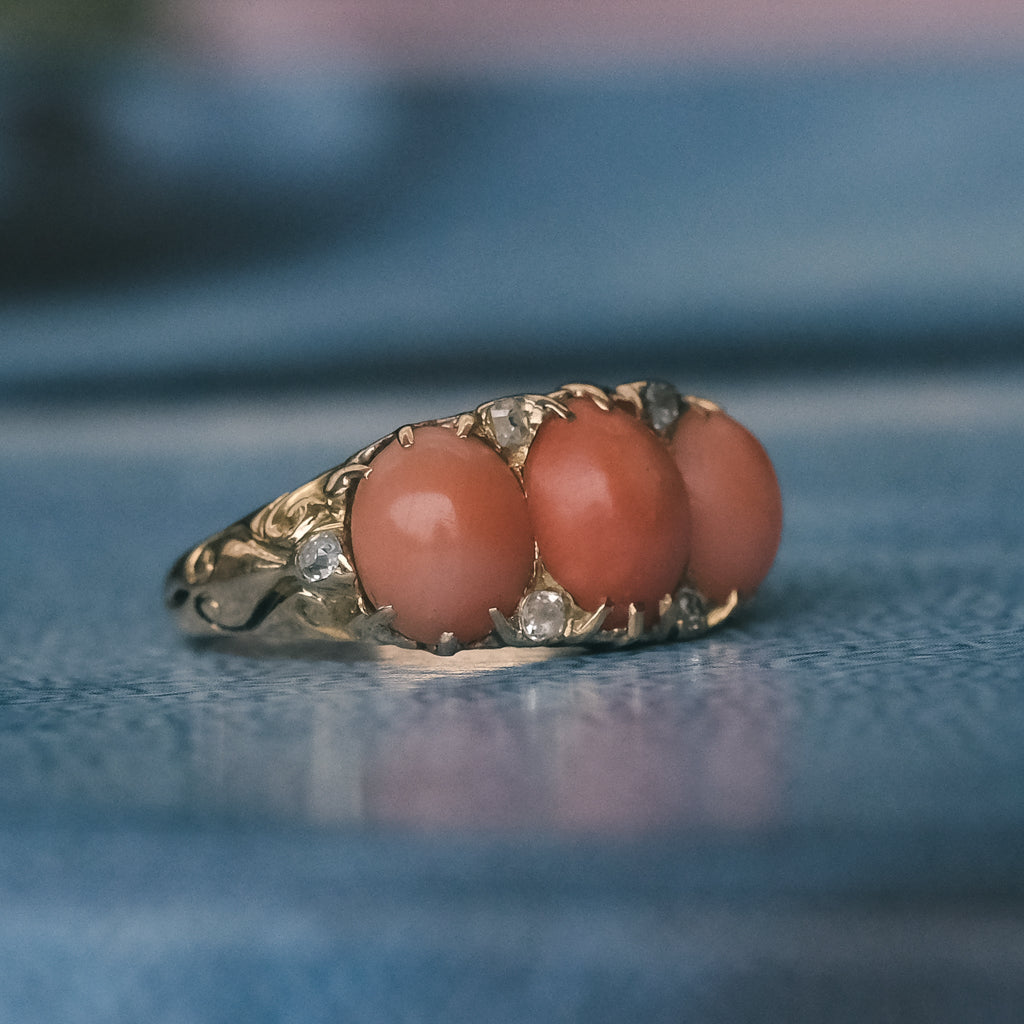 Victorian Coral Three-Stone Ring - Lost Owl Jewelry