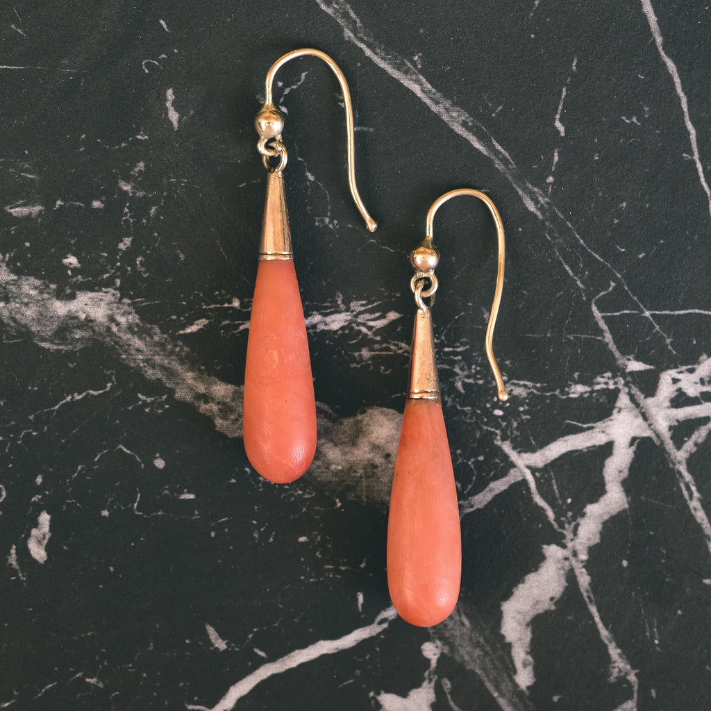 Victorian Coral Torpedo Earrings - Lost Owl Jewelry