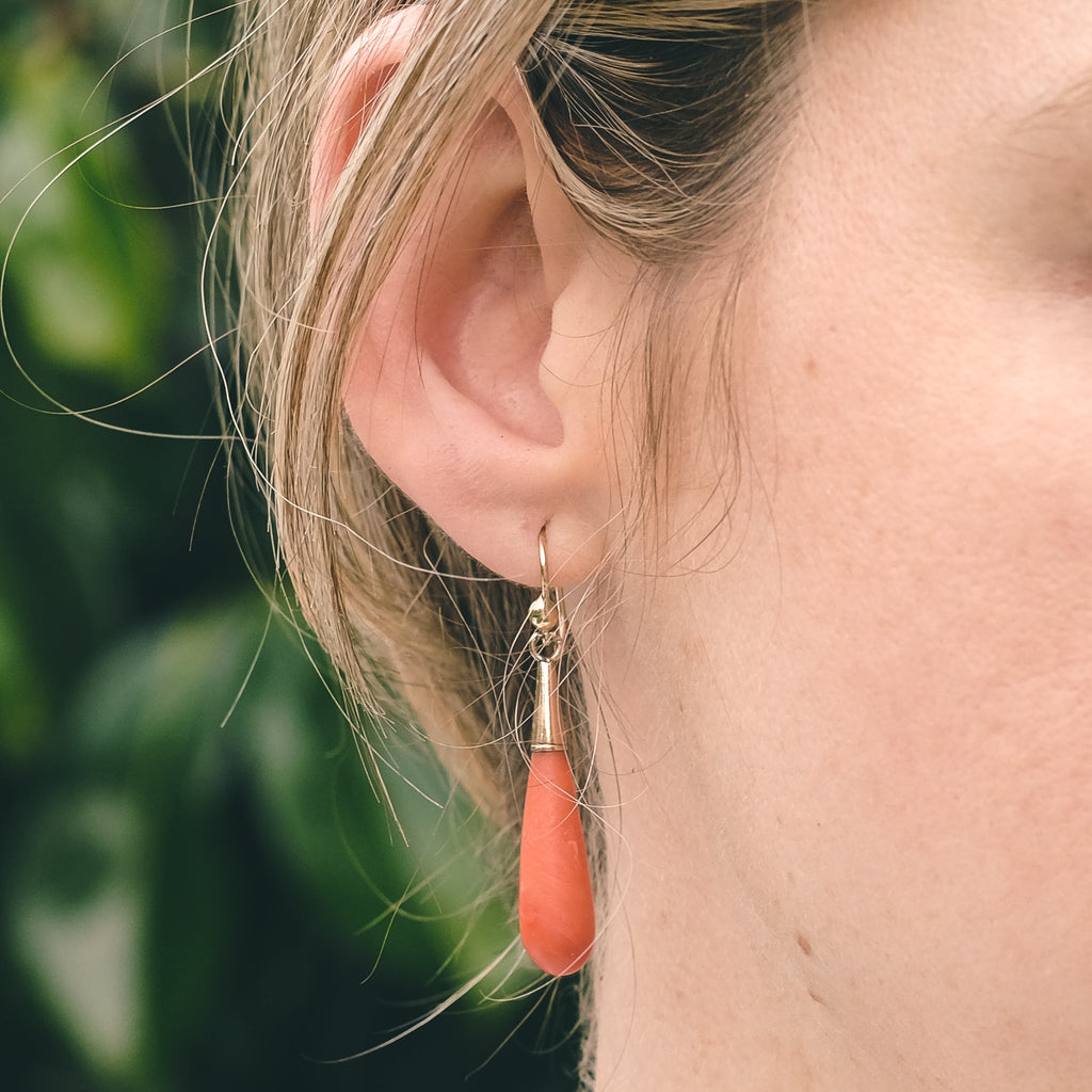 Victorian Coral Torpedo Earrings - Lost Owl Jewelry