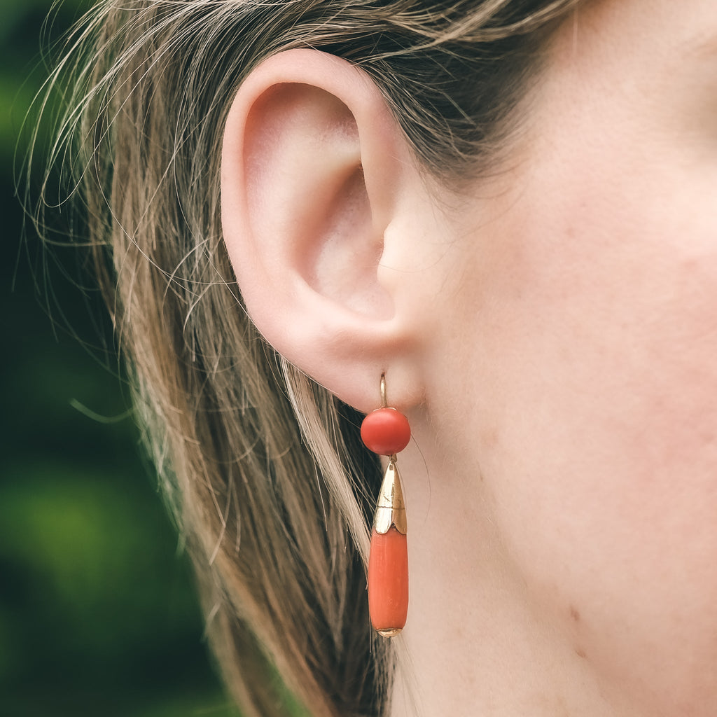 Victorian Coral Torpedo Earrings - Lost Owl Jewelry