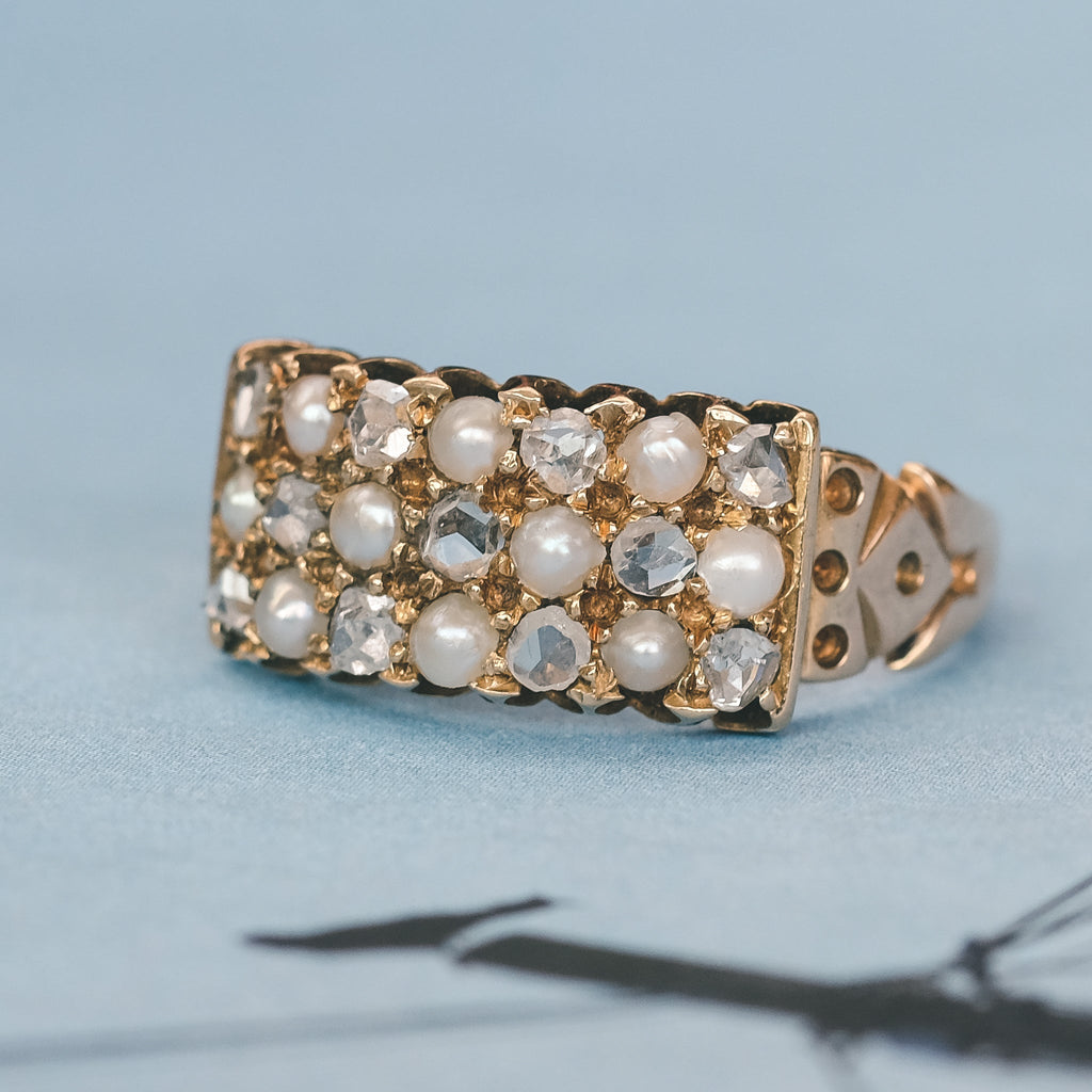 Victorian Diamond & Pearl Chequerboard Ring - Lost Owl Jewelry