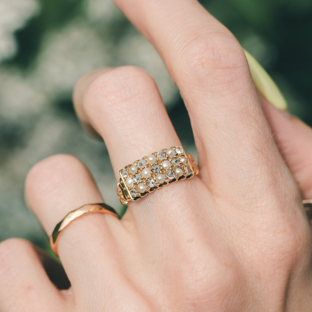 Victorian Diamond & Pearl Chequerboard Ring - Lost Owl Jewelry