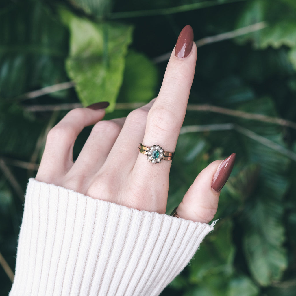 Victorian Emerald & Pearl Cluster Ring - Lost Owl Jewelry