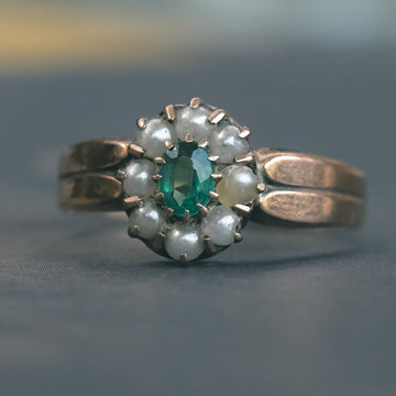 Victorian Emerald & Pearl Cluster Ring - Lost Owl Jewelry