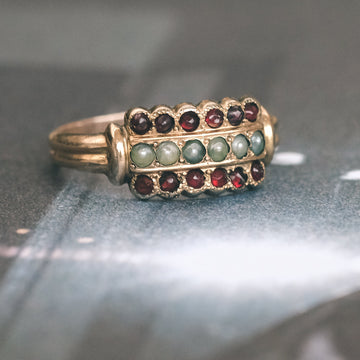 Victorian Garnet & Pearl Triple Row Ring - Lost Owl Jewelry