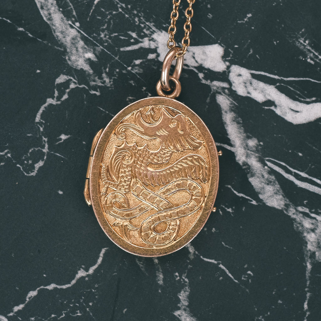 Victorian Gold Wyvern Locket - Lost Owl Jewelry