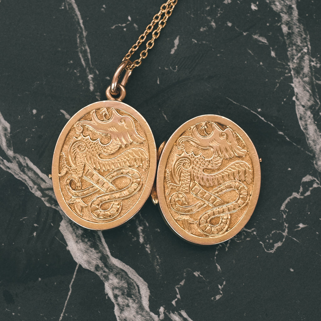 Victorian Gold Wyvern Locket - Lost Owl Jewelry