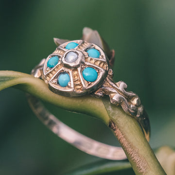 Victorian Turquoise & Pearl Round Ring - Lost Owl Jewelry