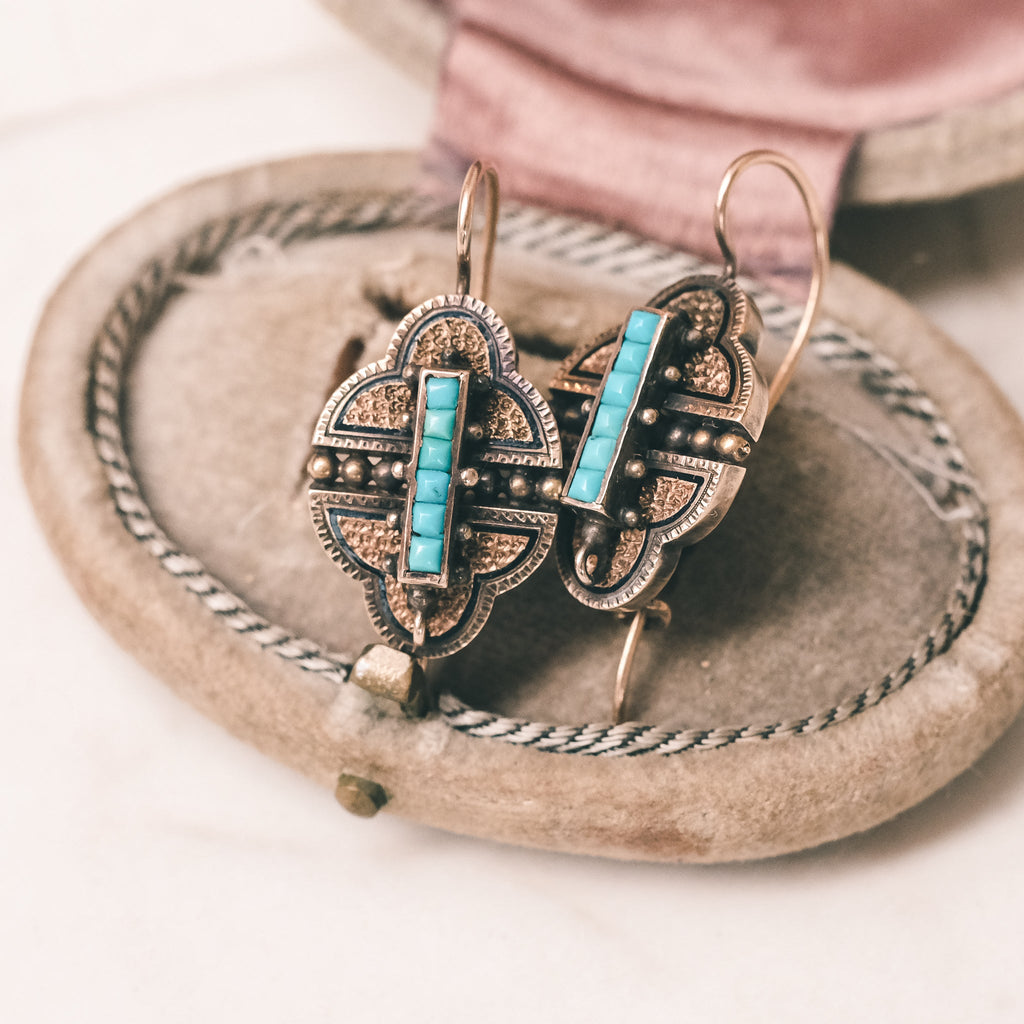 Victorian Turquoise Quatrefoil Earrings - Lost Owl Jewelry
