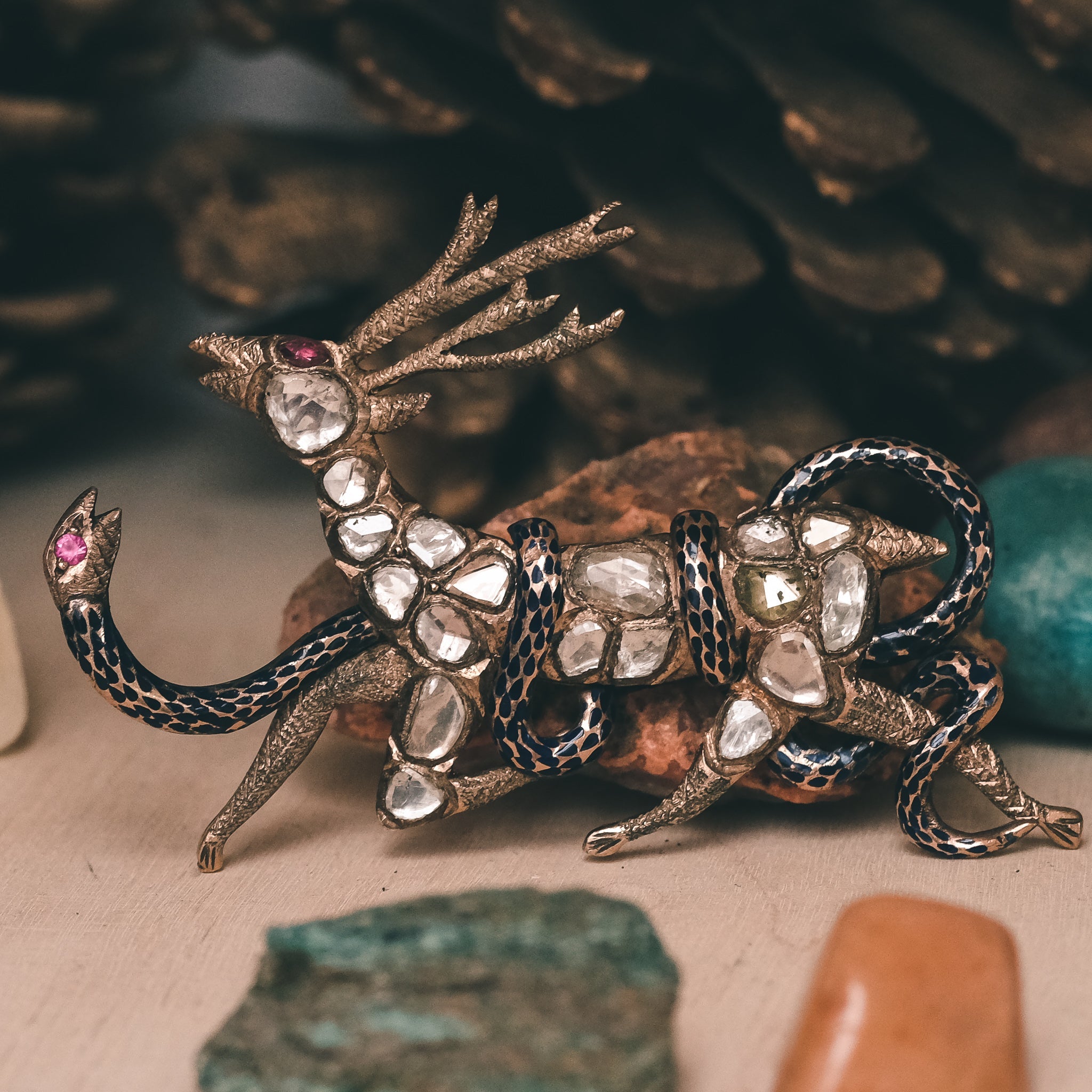 Vintage Diamond Serpent Stag Brooch Lost Owl Jewelry